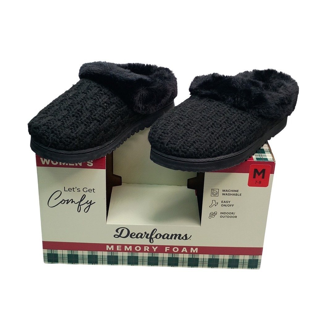 Dearfoams Memory Foam Slippers Women Size M 7-8 Black Knit Faux Fur Clog